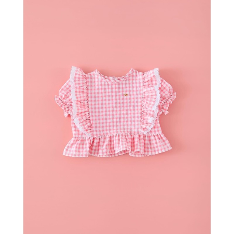 140 Blusa Volantes Vichy Chicle Mi Canesú