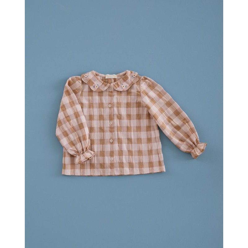 676 Camisa Pétalos Bordada Vichy Cinnamon Mi Canesú